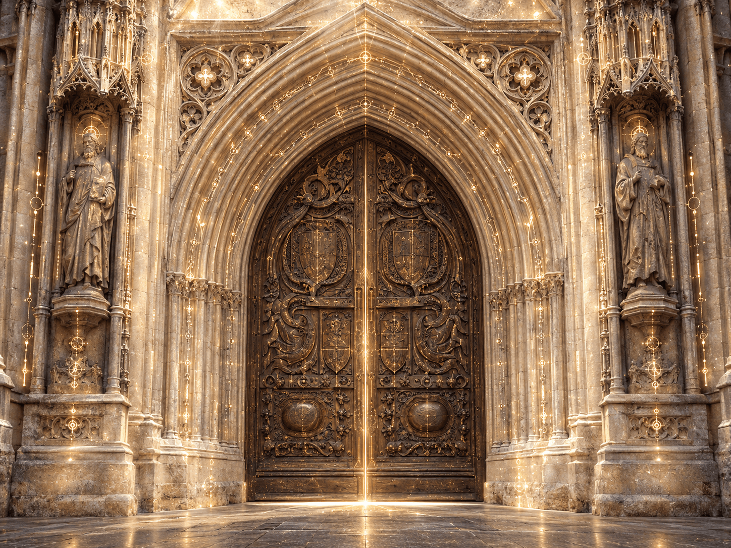 Carved cathedral doors framed by stone arches and statues, illuminated with golden digital light