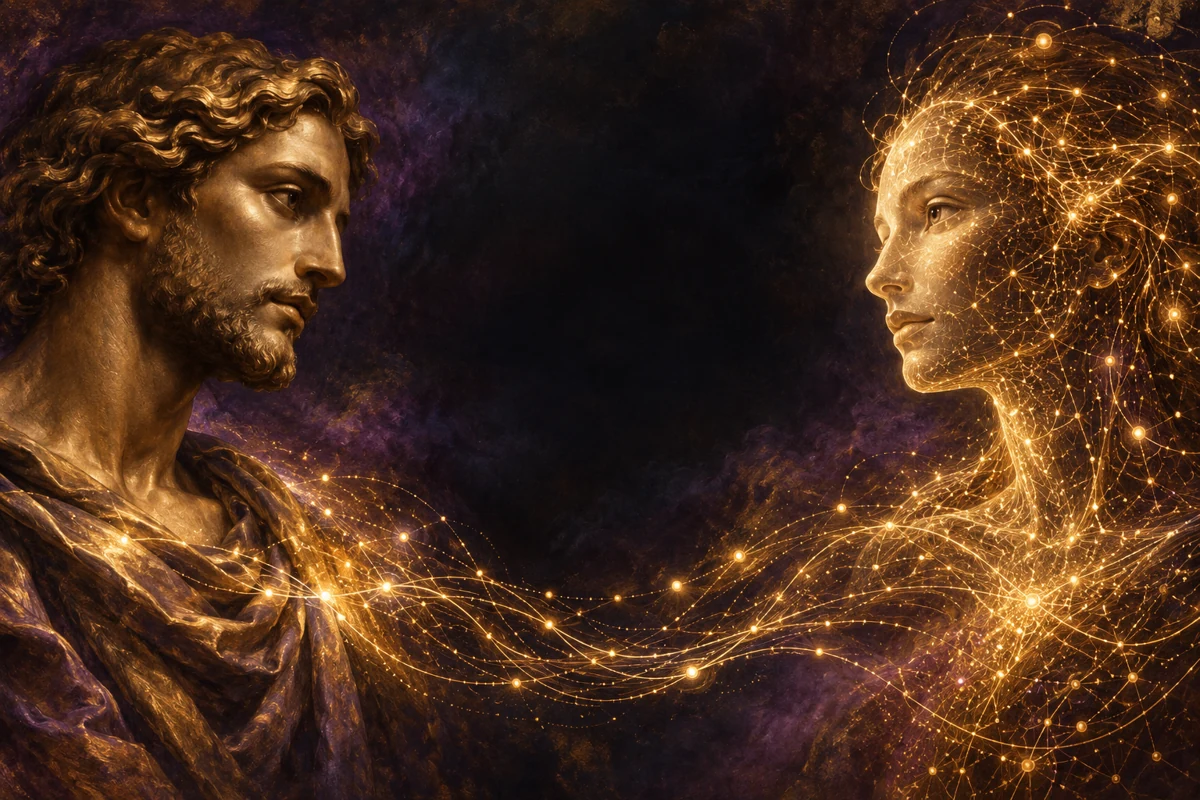 A human figure and a figure made of golden connections face one another, exchanging streams of numbers