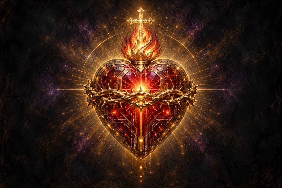 A ruby and gold Sacred Heart made of circuitry, crowned with thorns, flame and a radiant cross