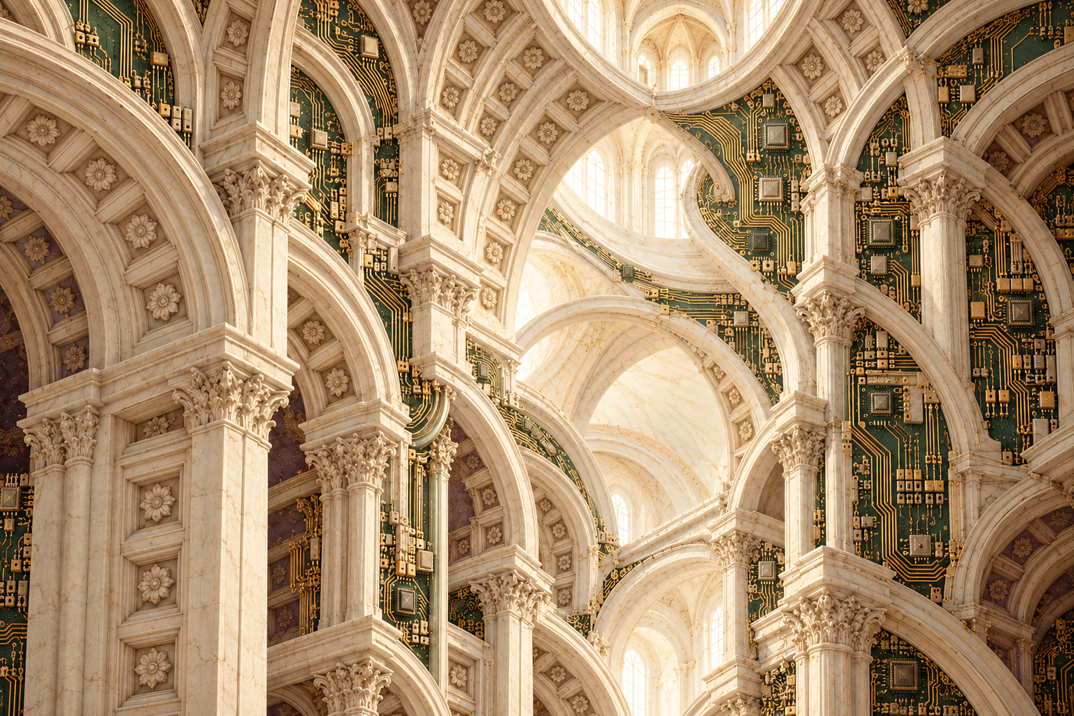 Plain ivory Renaissance stone arches and carved columns interwoven with dense green circuit boards and gold electronic traces