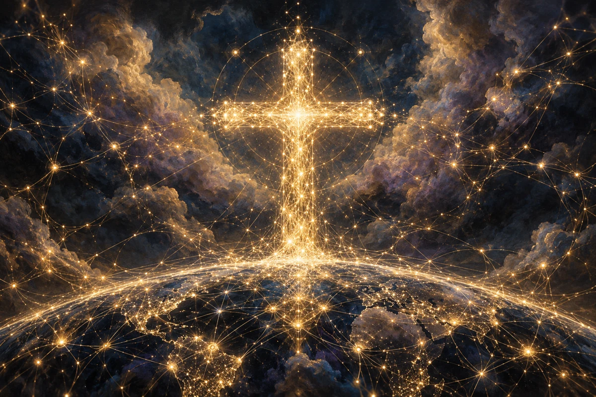 A radiant cross formed from connected points of light rising above a network that spans the Earth