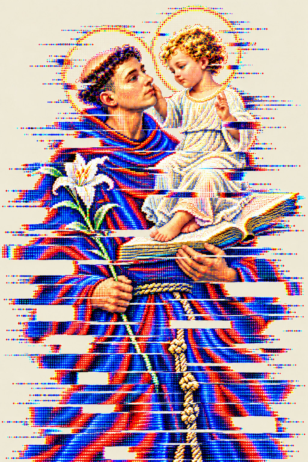St. Anthony holding the child Jesus on an open book beside a white lily, reconstructed from bright red and blue television dots with distorted horizontal signal bands on parchment