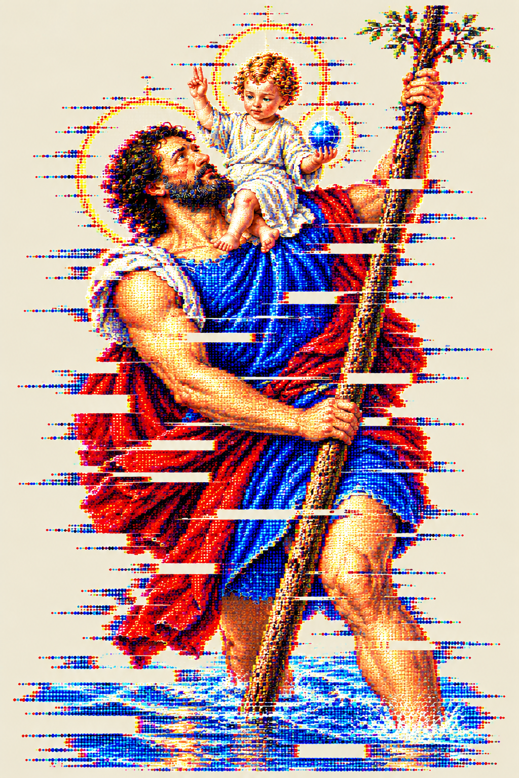 St. Christopher carrying the child Jesus through a river, reconstructed from glowing red and blue television dots with distorted horizontal signal bands on parchment