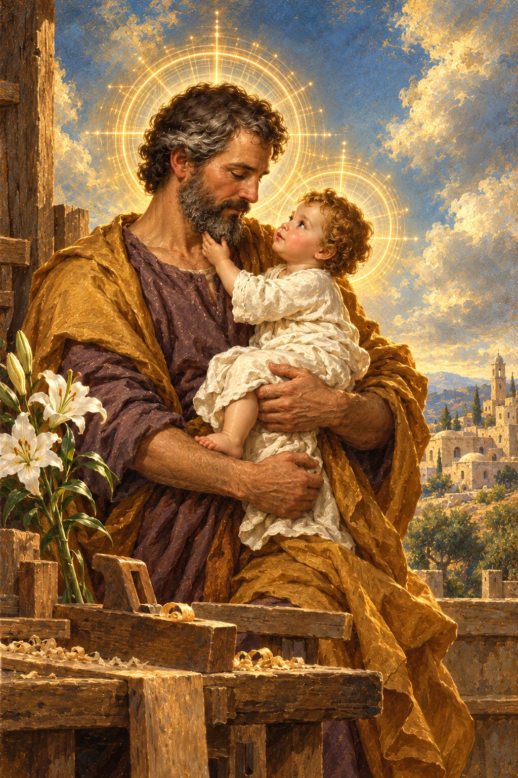 St. Joseph tenderly holding the child Jesus beside a carpenter’s bench beneath golden circuit halos