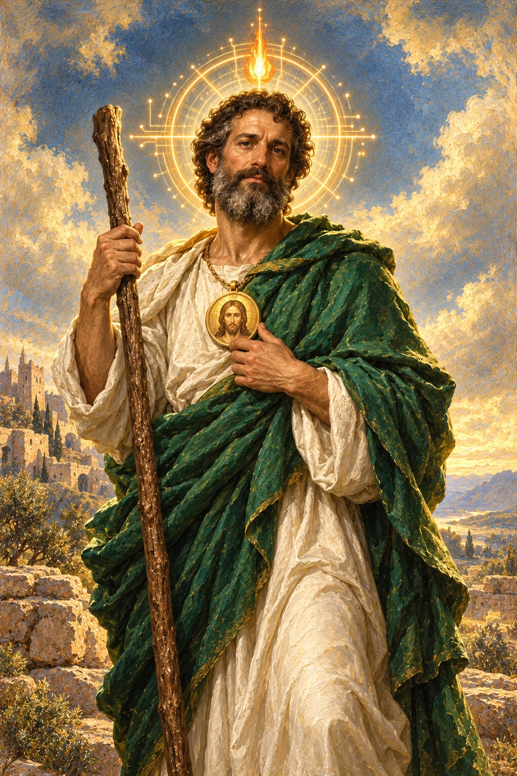 St. Jude in green and ivory robes with a medallion of Jesus and a flame above his circuit halo