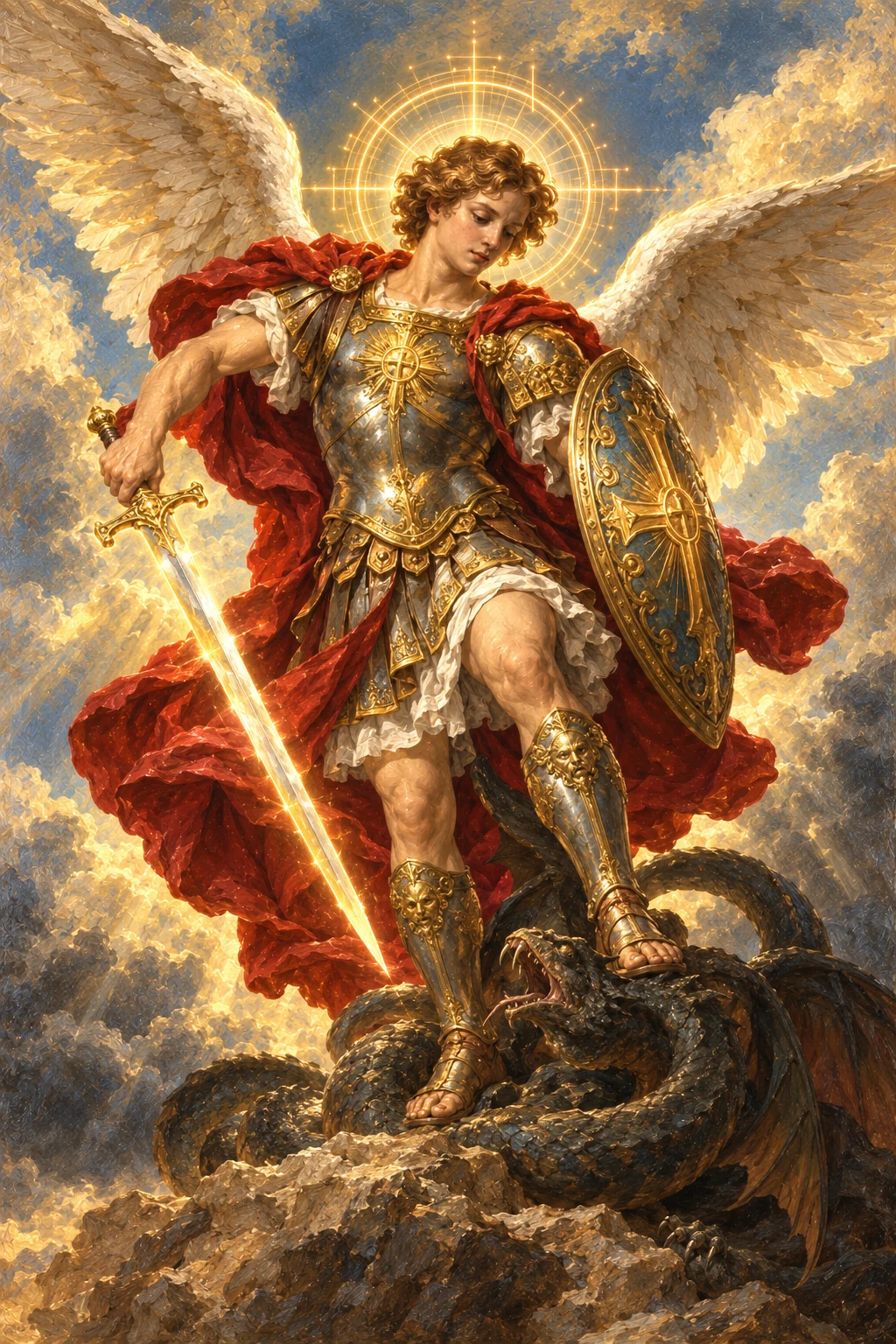 St. Michael with feathered wings, armour, sword and shield standing above a defeated serpent