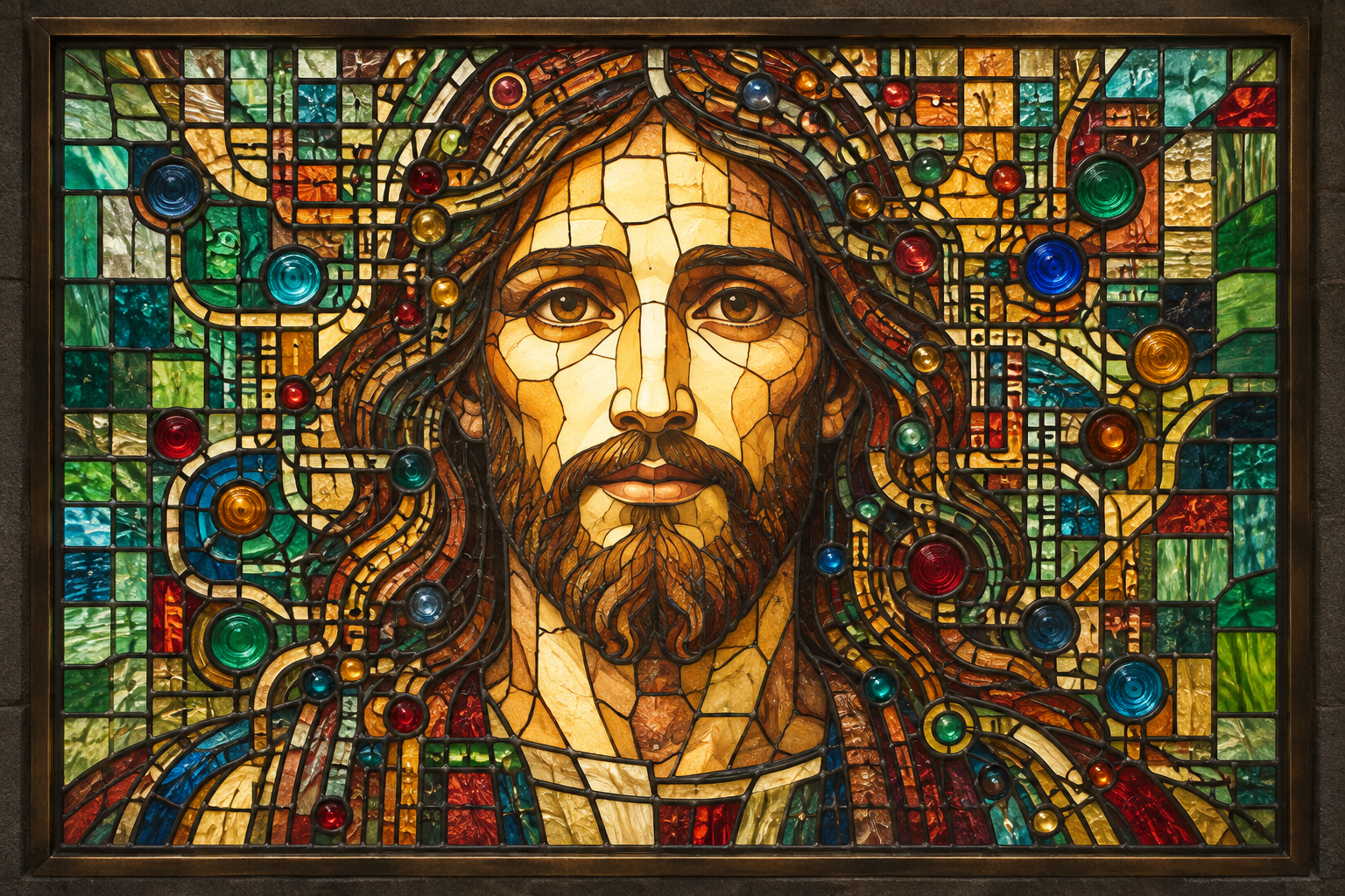 Jesus faces us in stained glass. Amber and ivory glass form his face, while his hair and beard merge into interconnected lead paths and green, blue and red glass, joining Jesus and the algorithm in one handcrafted design.